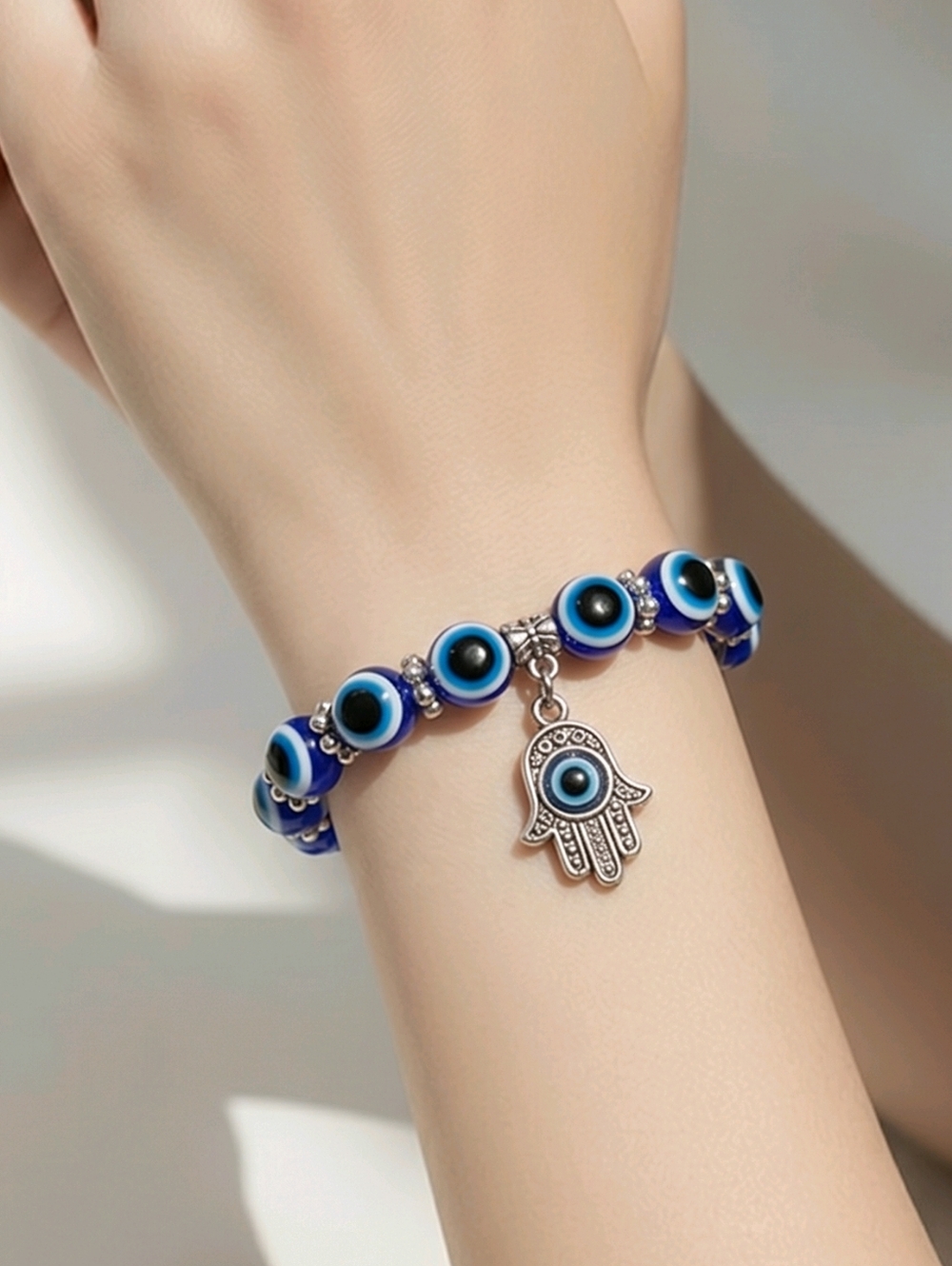 Blue Hamsa Bracelet Evil Eye Beaded Stretch Protection Lucky Charm Jewelry